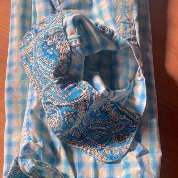 Panhandle Slim Fit Light Blue Yellow plaid Pearl Snap Flip Cuff  XL - Picture 4 of 11